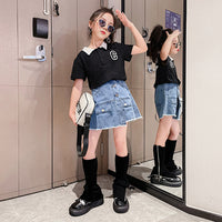 Girls Polo T-shirt with Denim Skirt Set Sets   