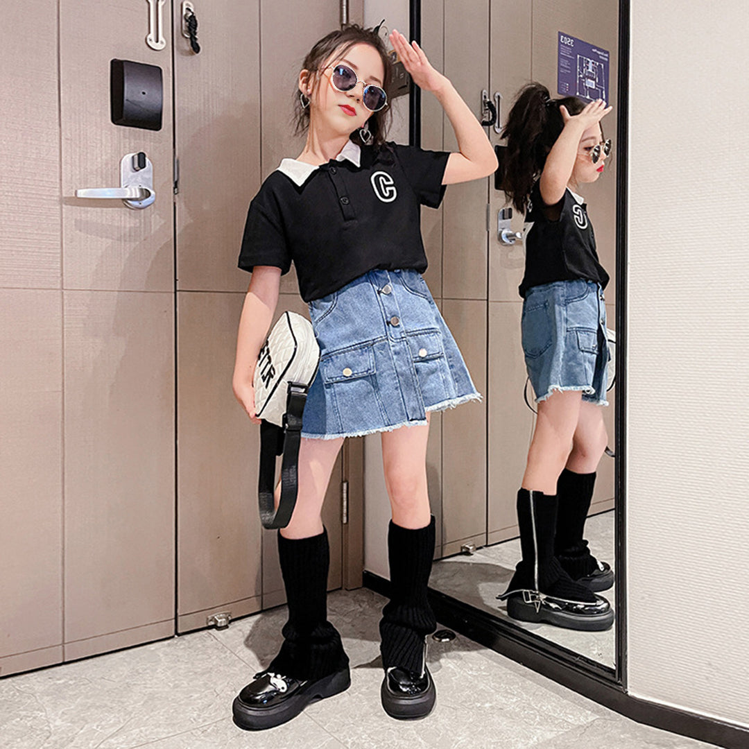 Girls Polo T-shirt with Denim Skirt Set Sets   
