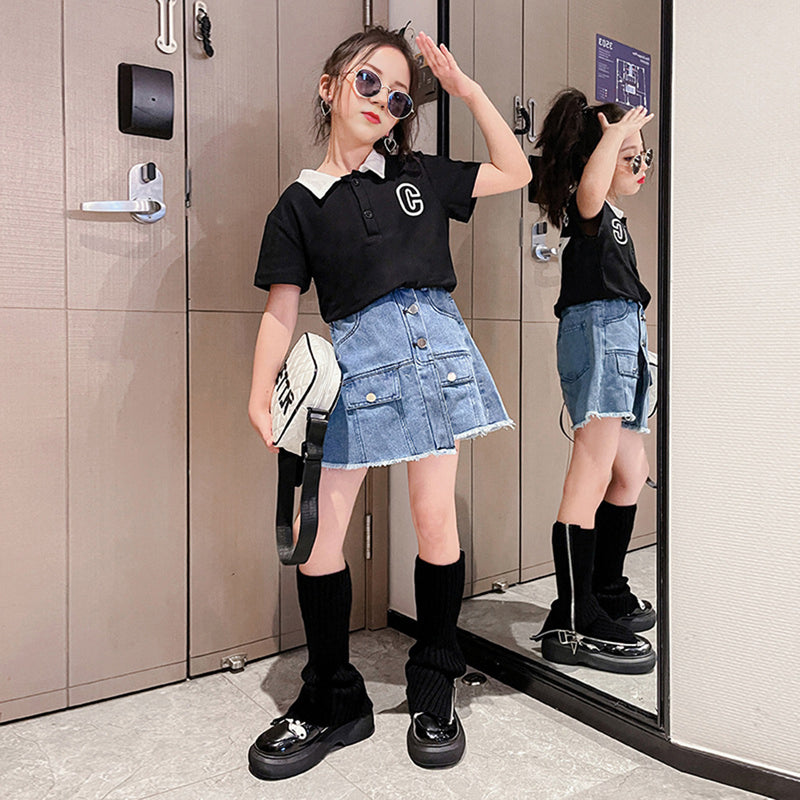 Girls Polo T-shirt with Denim Skirt Set Sets   