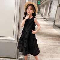 Girls Black Solid Sleeveless Tiered Dress Casual Dresses   