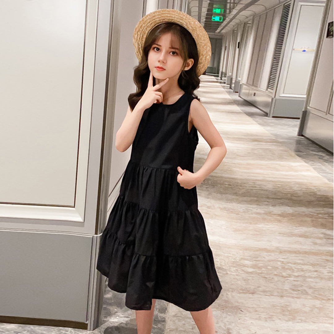 Girls Black Solid Sleeveless Tiered Dress Casual Dresses   