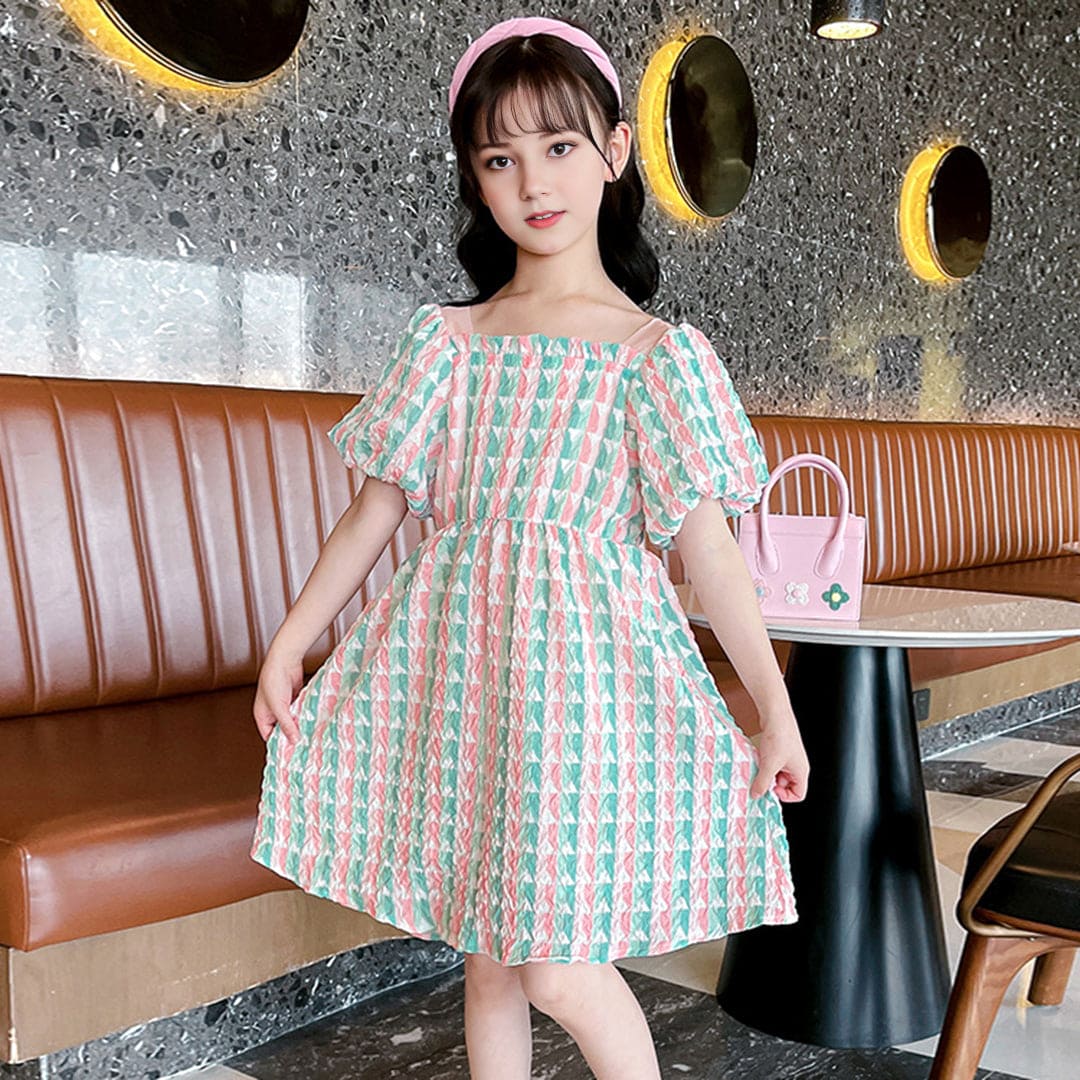 Girls Pink Textured Bow Applique Puff Sleeves Casual Dress Casual Dresses   
