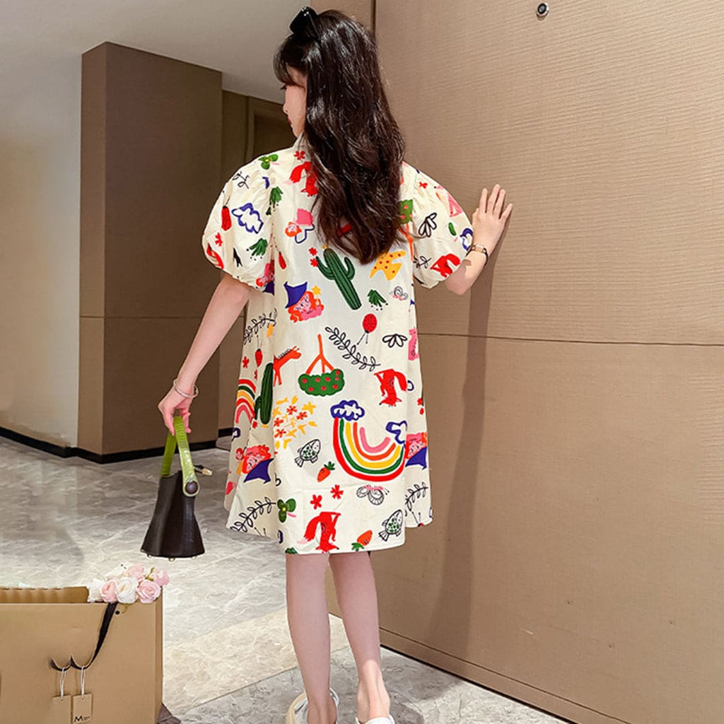 Girls Short Sleeve Printed Shirt Collar Dress Casual Dresses   