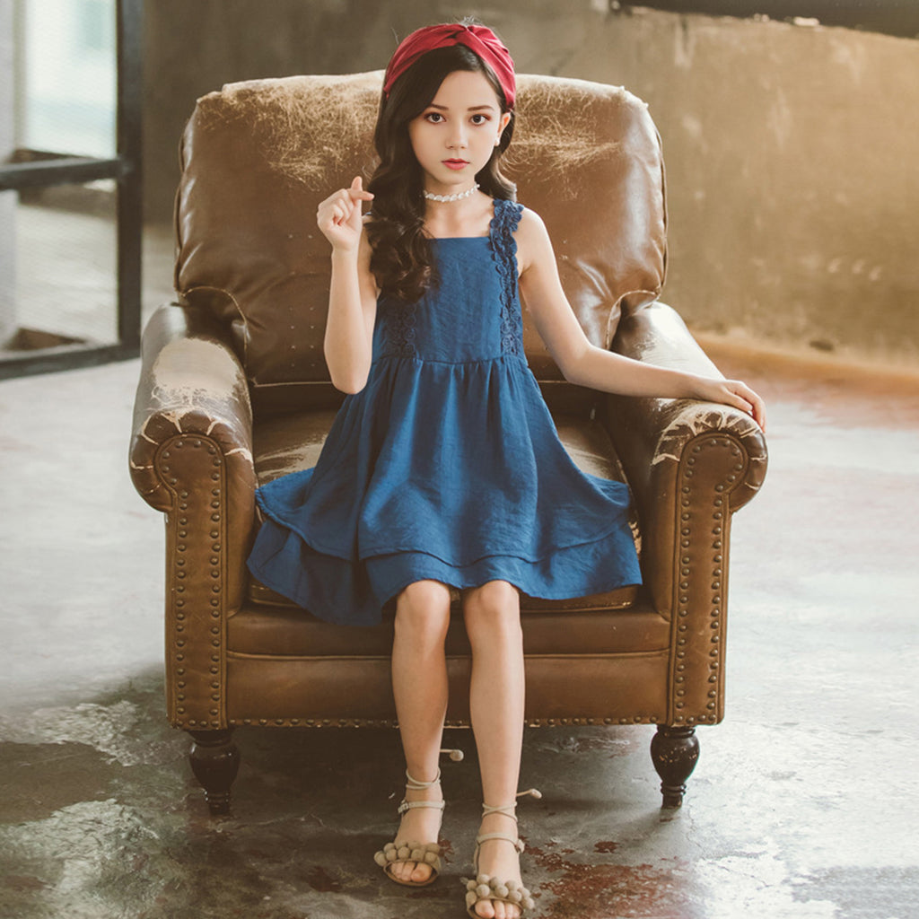 Girls Blue Lace Shoulder Straps Layered Dress