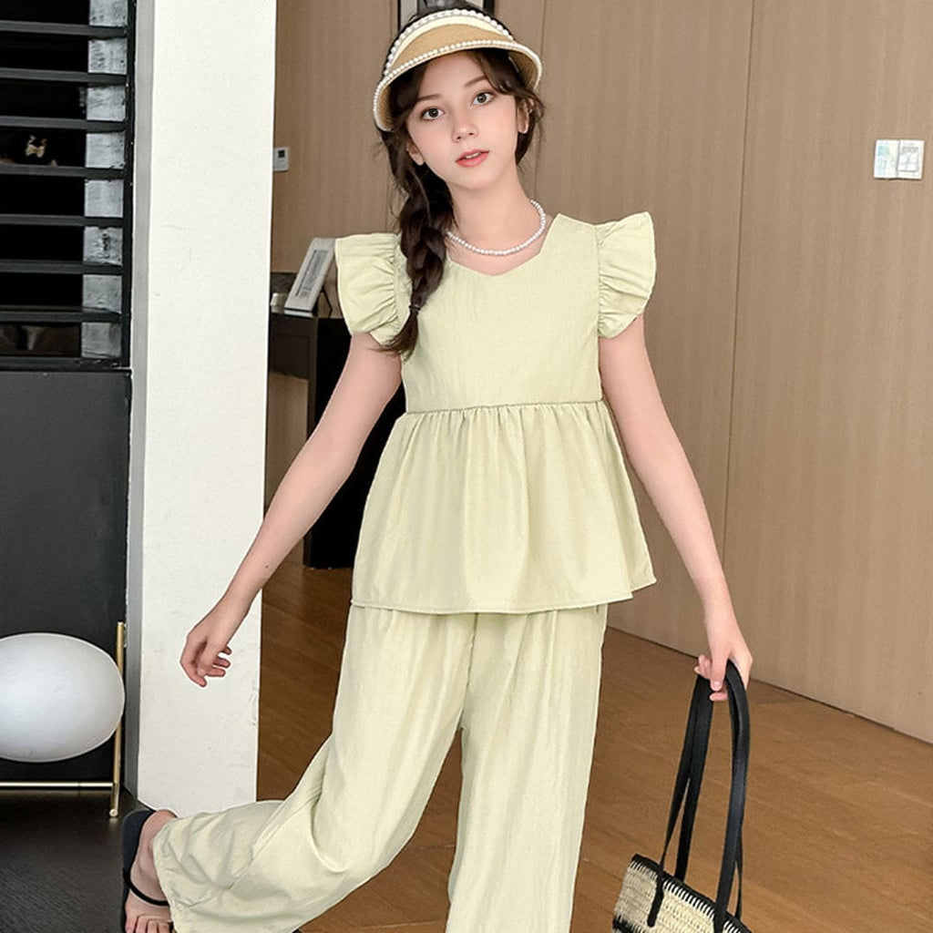 Girls Green Flared Sleeves Peplum Top with Pants Set