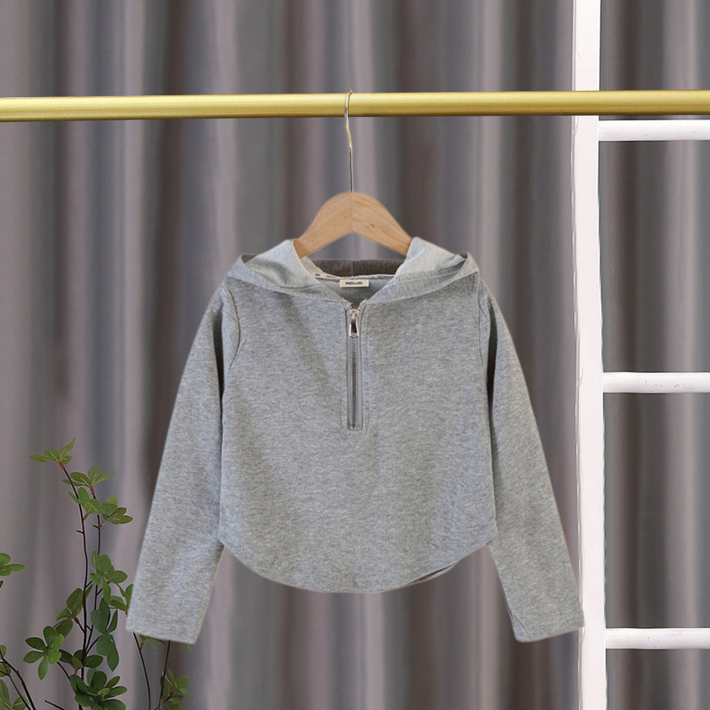 Girls Grey Knitted Full Sleeves Hooded Top