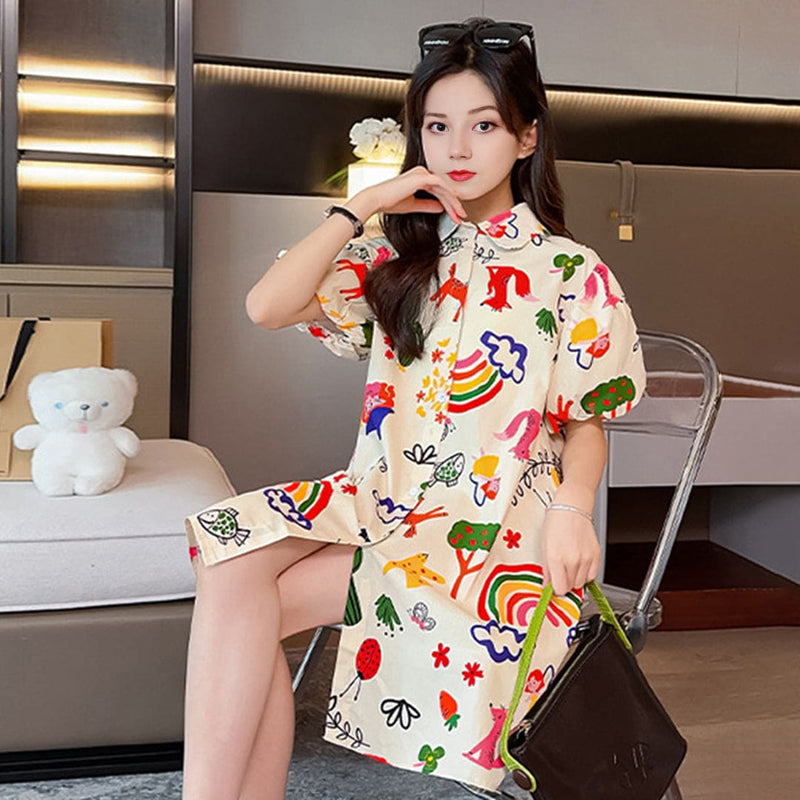 Girls Short Sleeve Printed Shirt Collar Dress Casual Dresses   