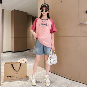 Girls Pink Colorblocked Raglan Sleeves T-shirt Sets Pink 4-5 Y