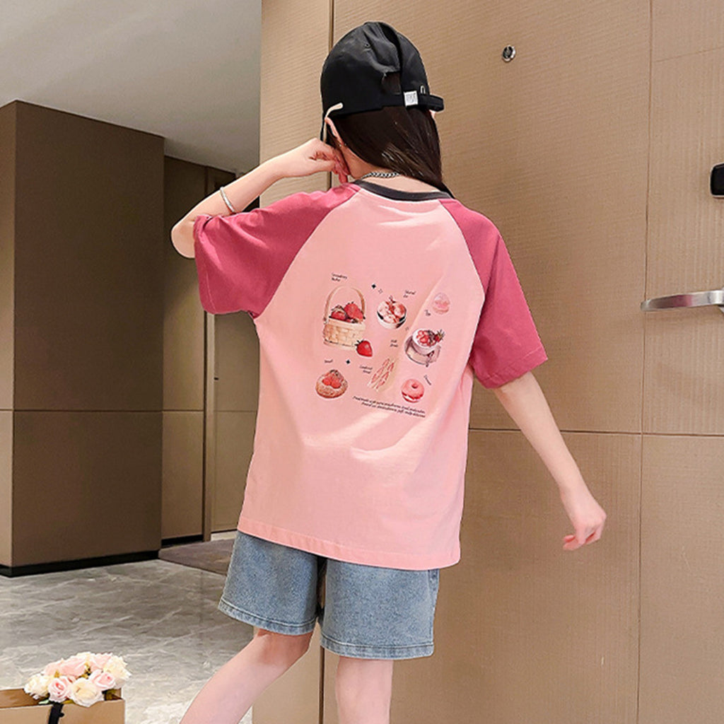 Girls Pink Colorblocked Raglan Sleeves T-shirt with Denim Shorts Set