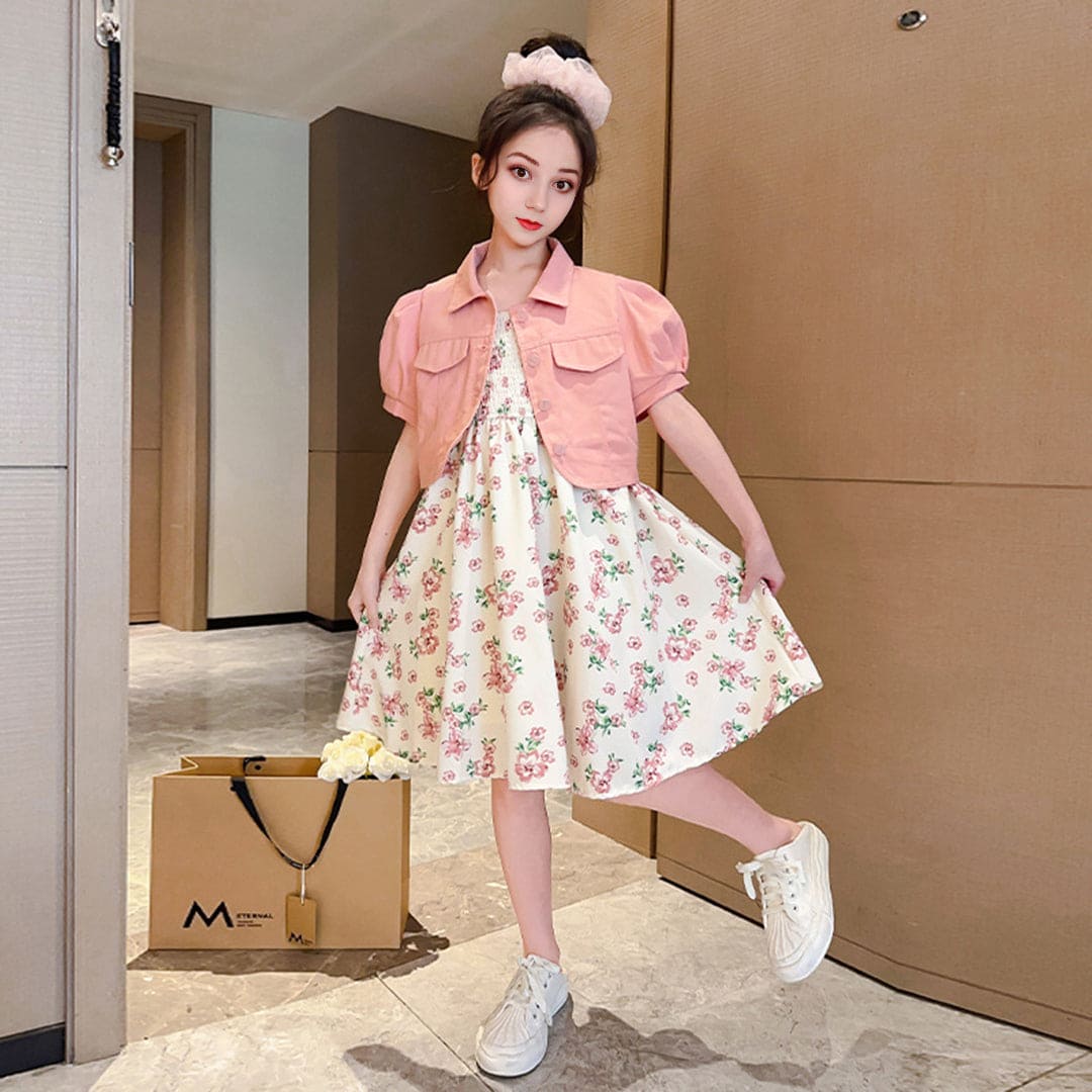 Girls Sleeveless Fit & Flare Dress With Puff Sleeves Denim Jacket Casual Dresses   