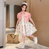 Girls Sleeveless Fit & Flare Dress With Puff Sleeves Denim Jacket Casual Dresses   