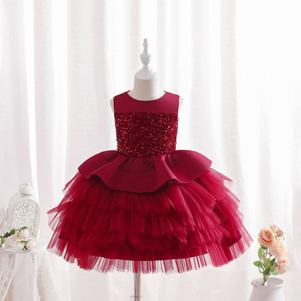 Girls Red Tiered Flared Partywear Dress Party Dresses   