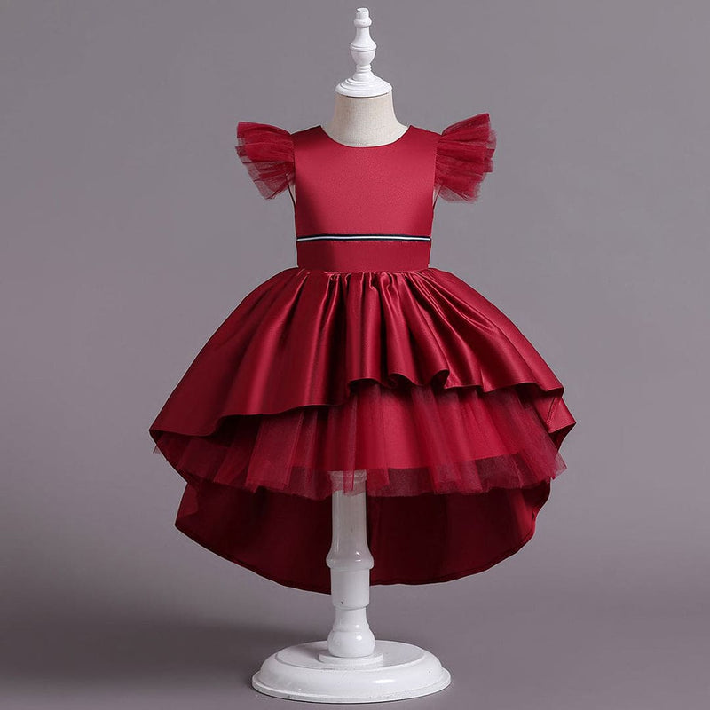 Girls Satin High-Low Flutter Sleeves Partywear Dress Party Dresses Red 4-5 Y 