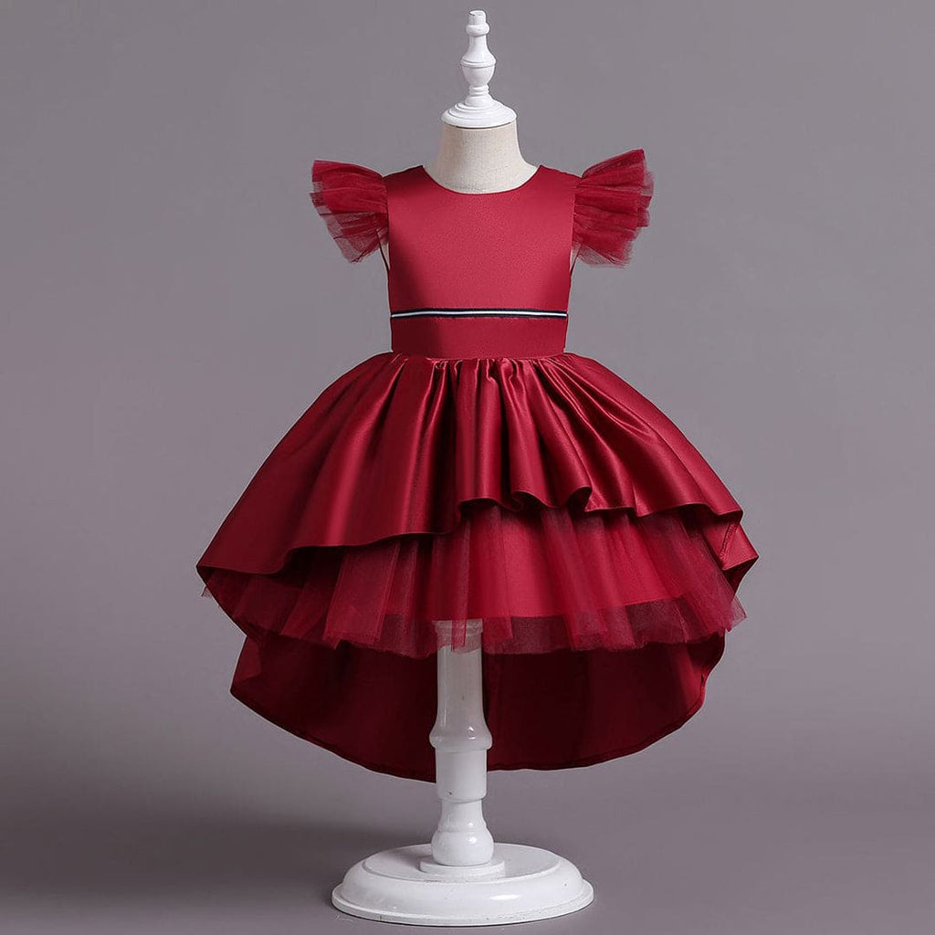 Girls Satin High-Low Flutter Sleeves Partywear Dress Party Dresses Red 4-5 Y 