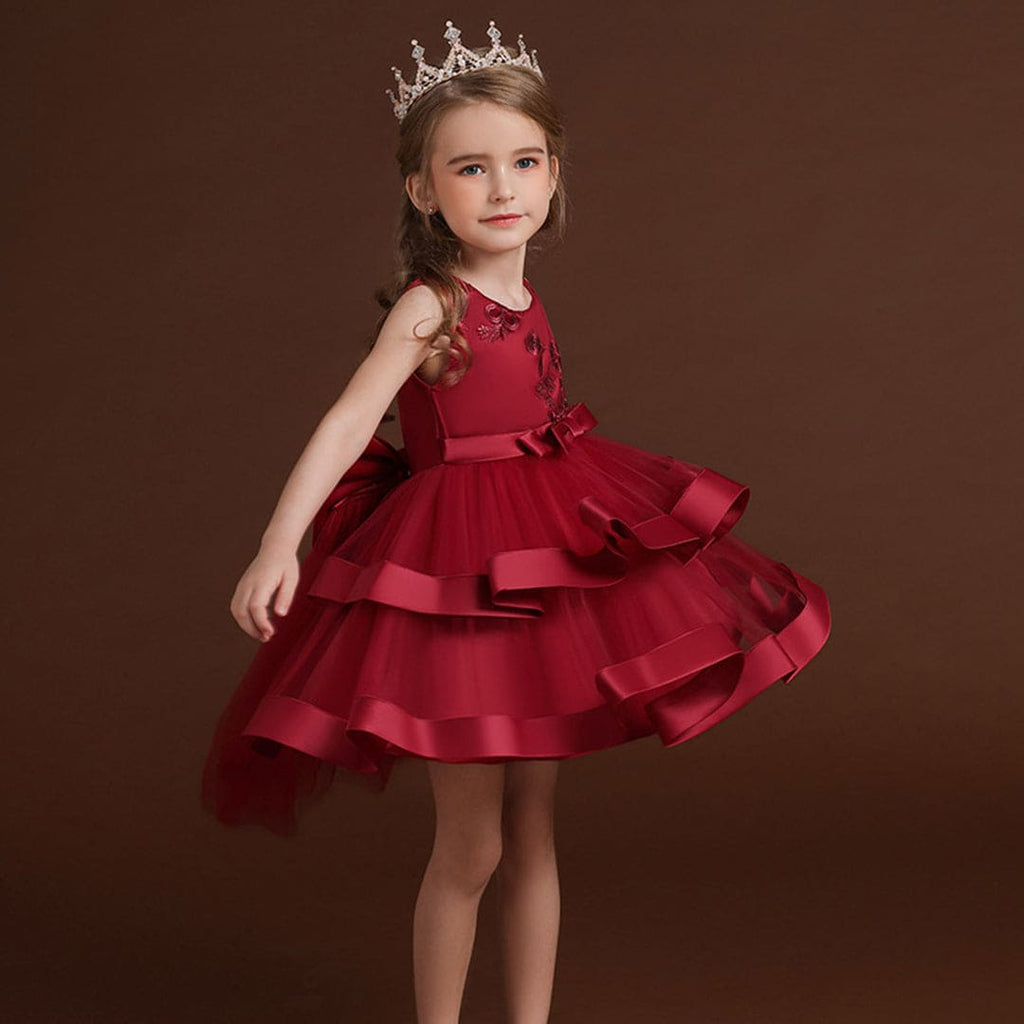 Girls Wine Red Princess Partywear Dress With Bow Party Dresses Red 2-3 Y 