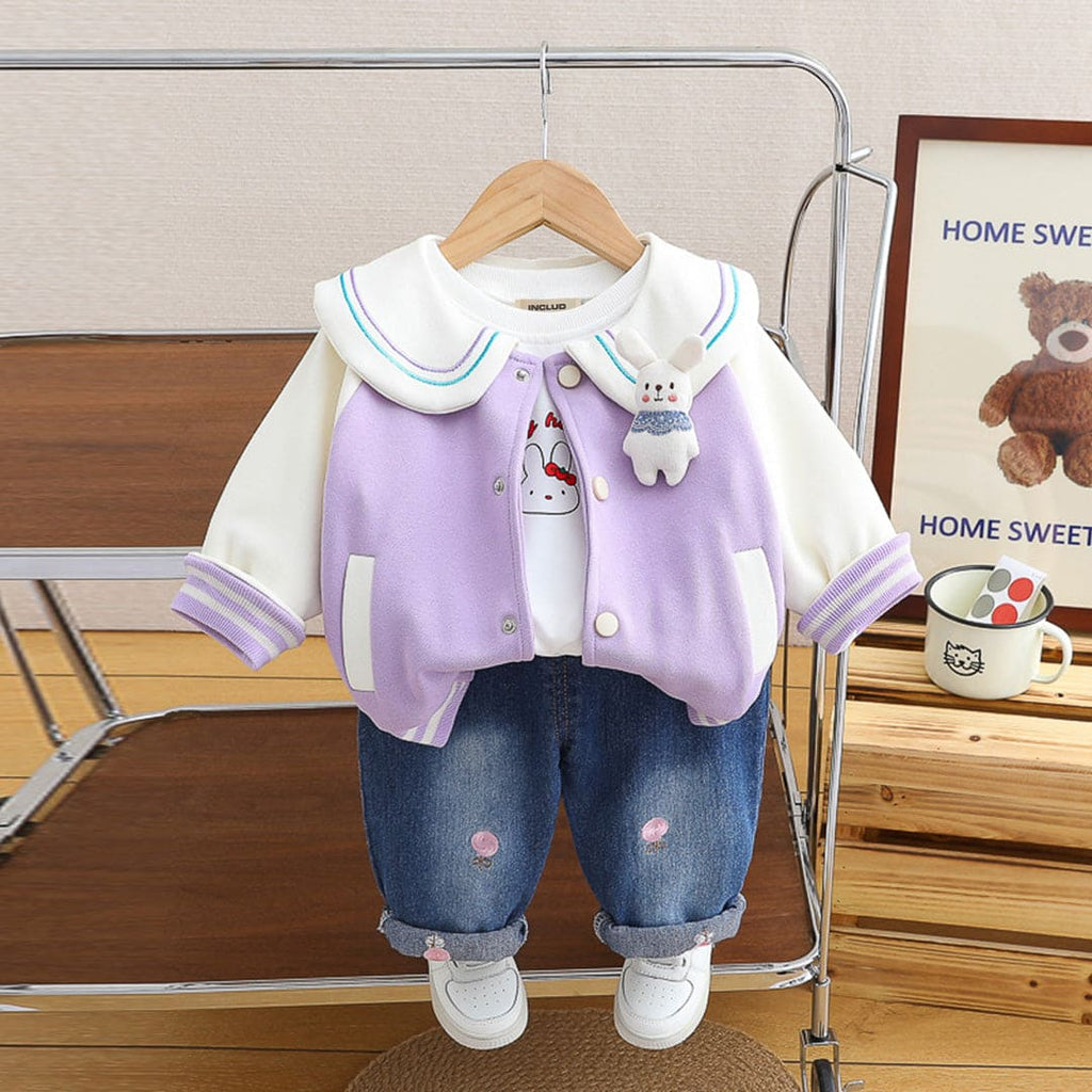 Girls Purple Peter Pan Collar Cardigan With T-Shirt & Denim Jeans Set Sets Purple 1-2 Y 