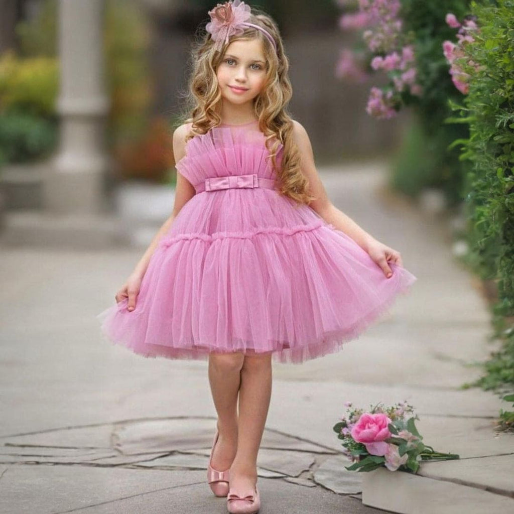 Girls Pink Sleeveless Puffy Princess Partywear Dress