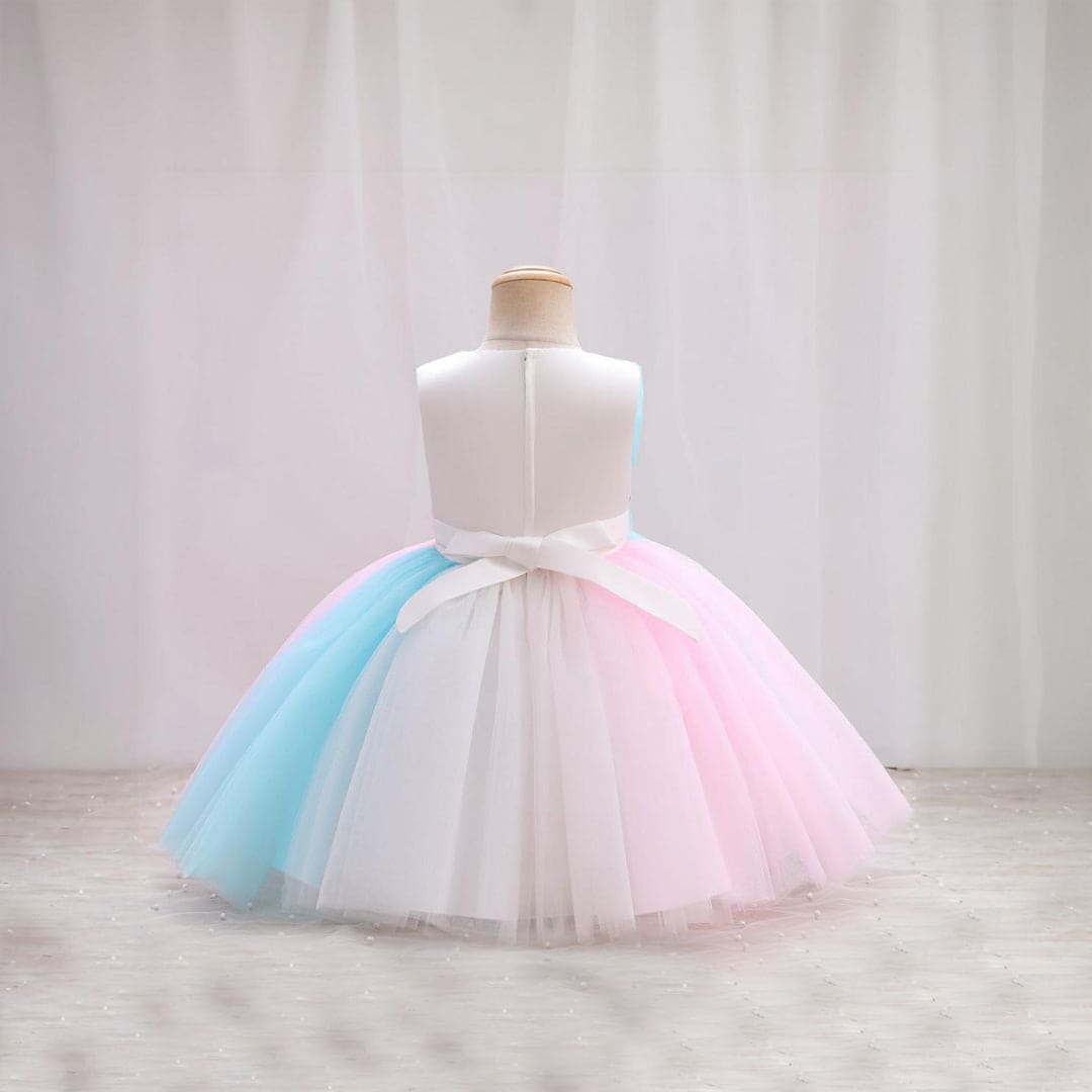Girls Tri-Color Puffy Mess Partywear Dress Party Dresses   