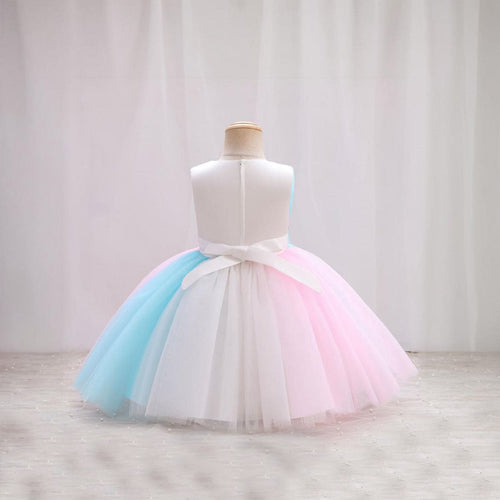 Girls Tri-Color Puffy Mess Partywear Dress Party Dresses   