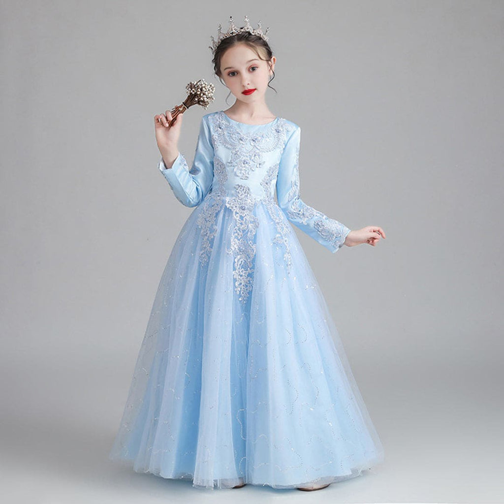 Girls Light Blue Fluffy Embellished Long Princess Partywear Dress Party Dresses Light Blue 5-6 Y 