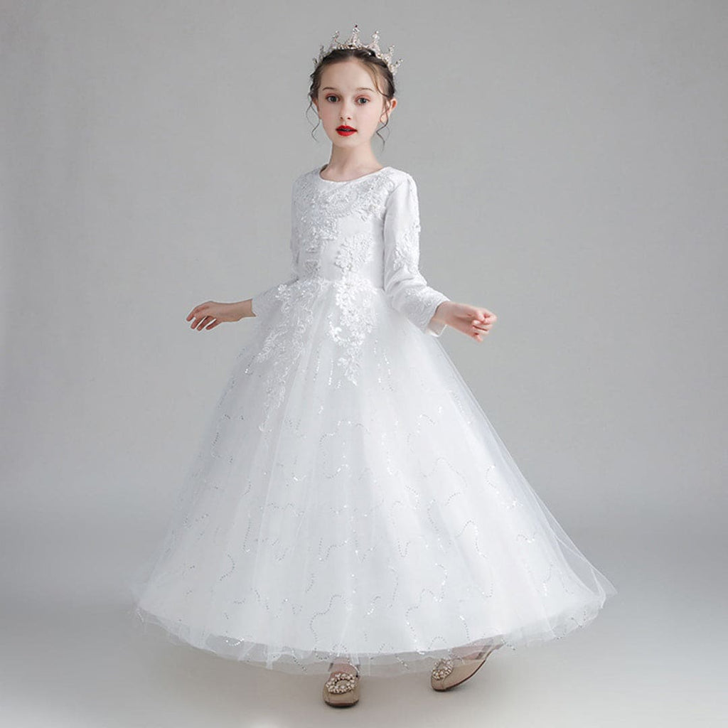 Girls White Fluffy Embellished Long Princess Partywear Dress Party Dresses White 5-6 Y 