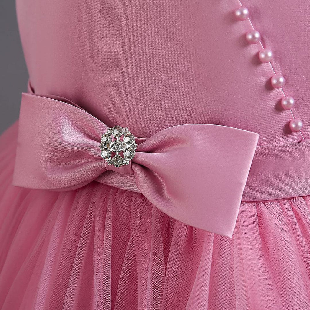 Girls Pink Pearl Big Bow Puffy Partywear Dress Party Dresses   