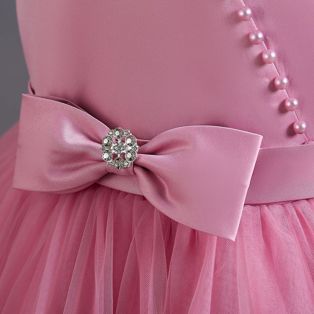 Girls Pink Pearl Big Bow Puffy Partywear Dress Party Dresses   