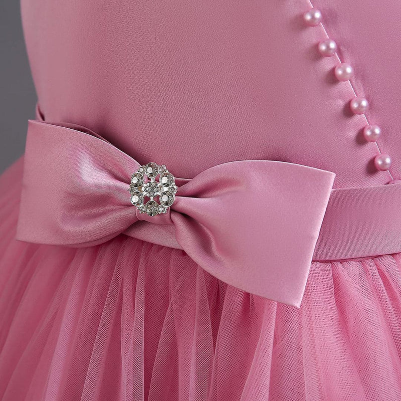 Girls Pink Pearl Big Bow Puffy Partywear Dress Party Dresses   