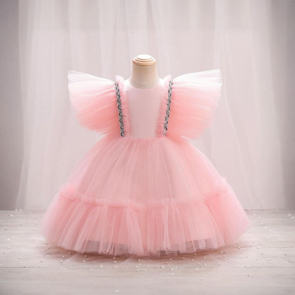 Girls Flutter Sleeve Puffy Partywear Dress Party Dresses Pink 1-2 Y 