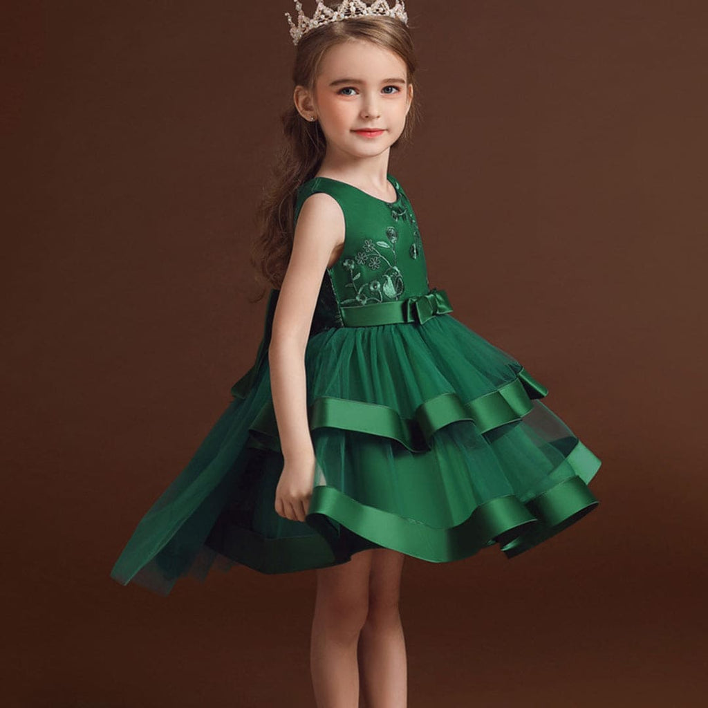 Girls Green High Low Princess Partywear Dress With Bow Party Dresses Green 2-3 Y 