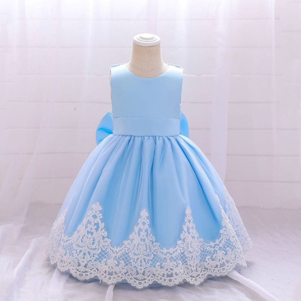 Girls Sky Blue Lace Bordered Partywear Dress With Back Bow Party Dresses Sky Blue 1-2 Y 