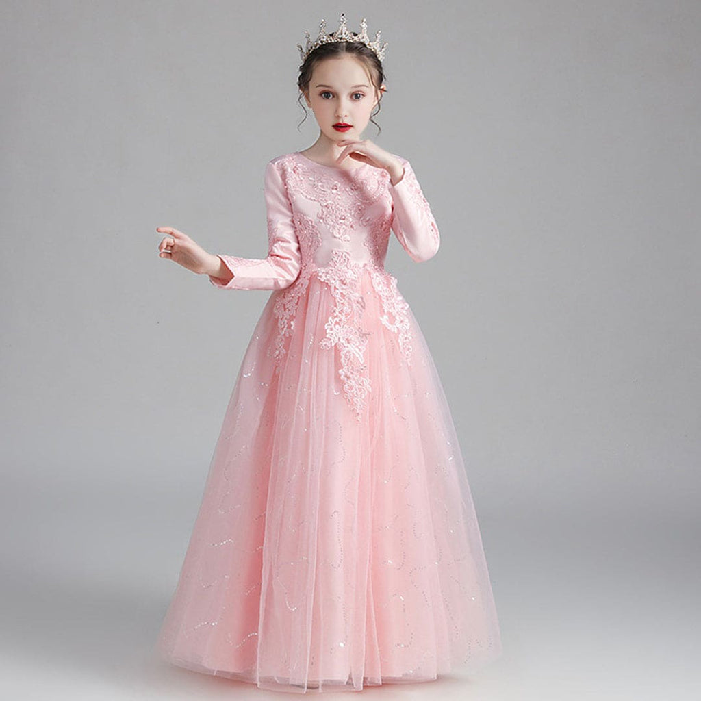 Girls Pink Fluffy Embellished Long Princess Partywear Dress Party Dresses Pink 5-6 Y 