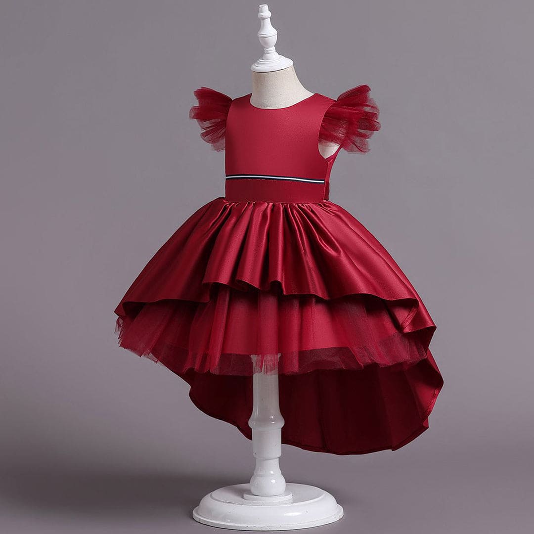 Girls Satin High-Low Flutter Sleeves Partywear Dress Party Dresses   