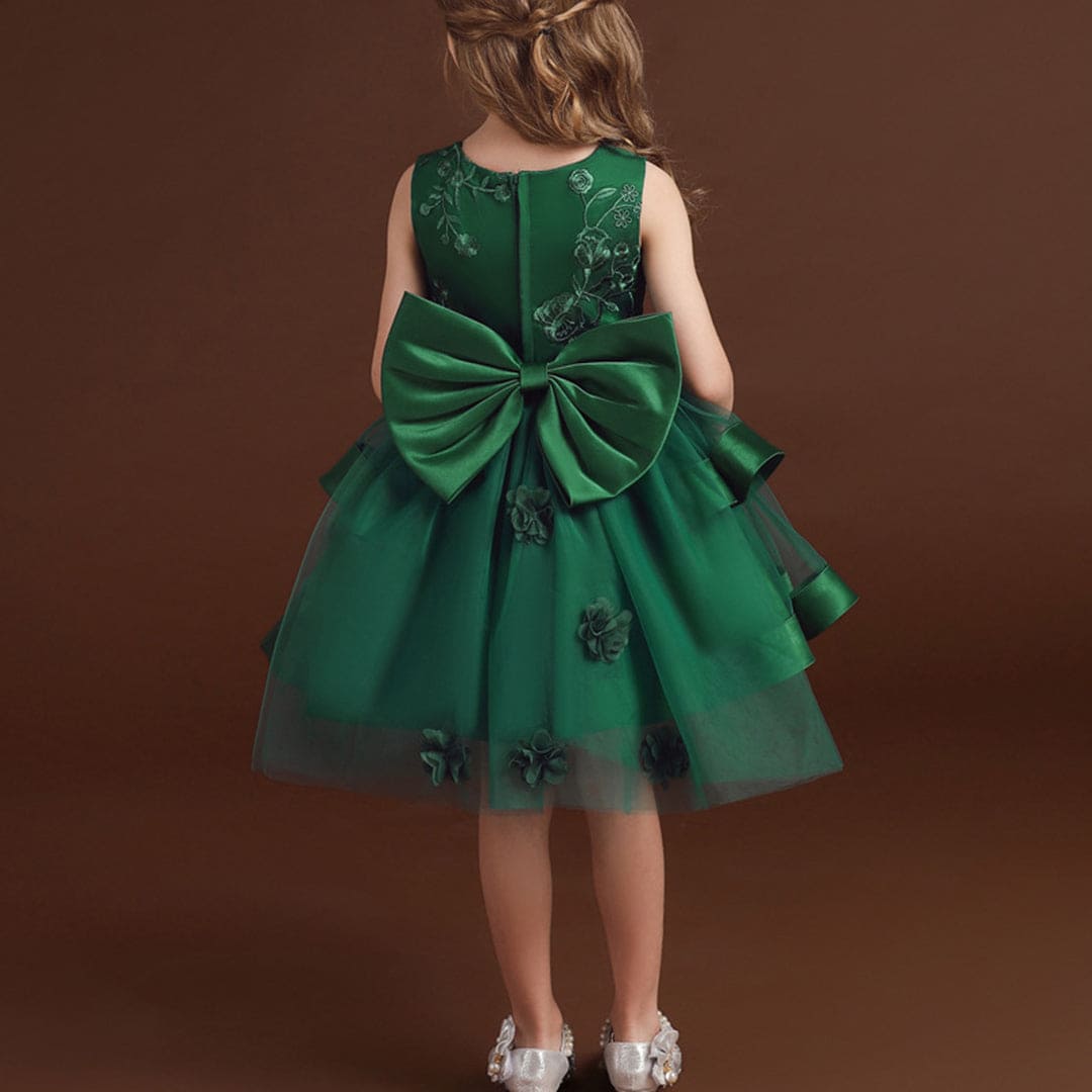 Girls Green High Low Princess Partywear Dress With Bow Party Dresses   