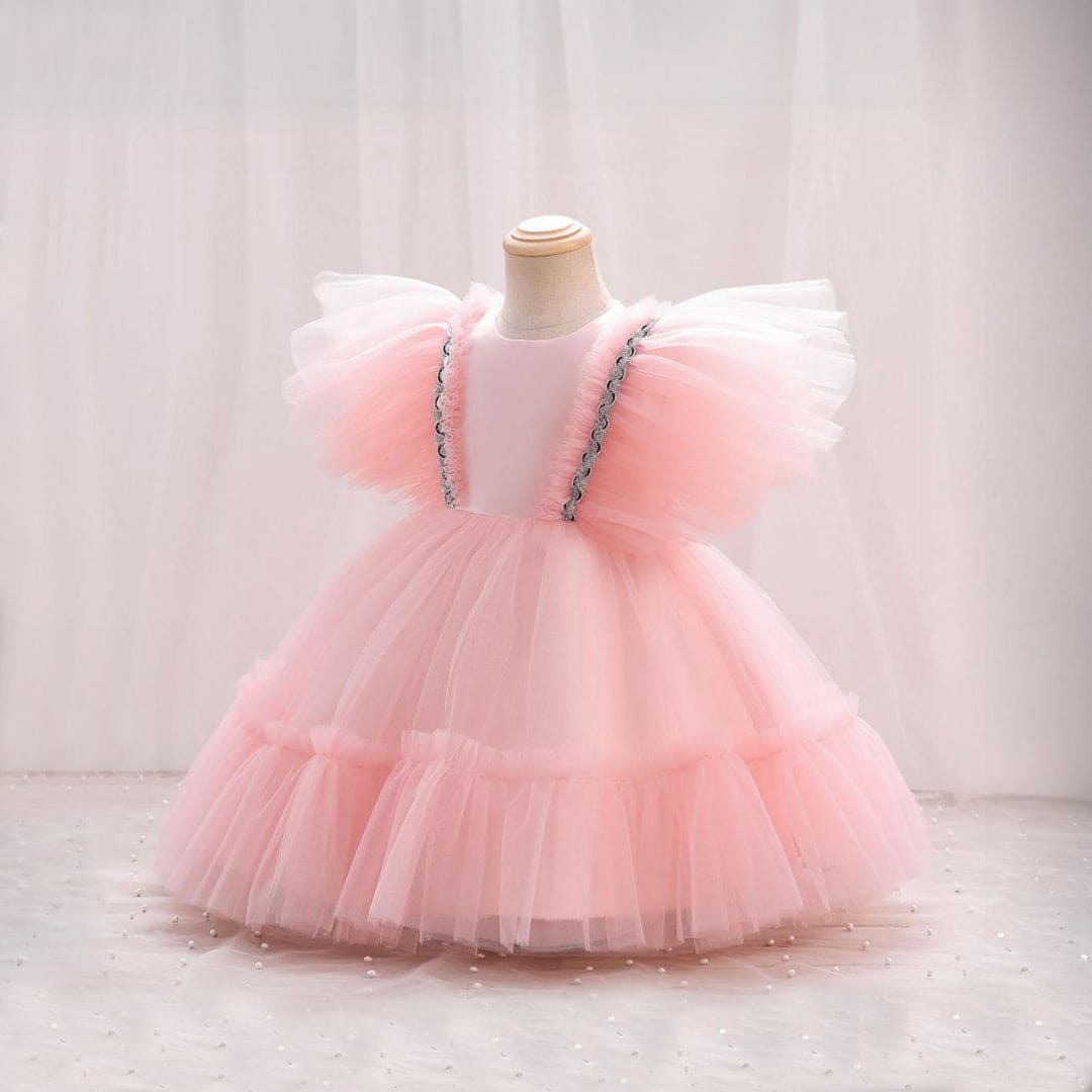 Girls Flutter Sleeve Puffy Partywear Dress Party Dresses   