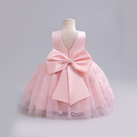 Girls Pink Pearl Neckline Tutu Partywear Dress With Back Bow Party Dresses   