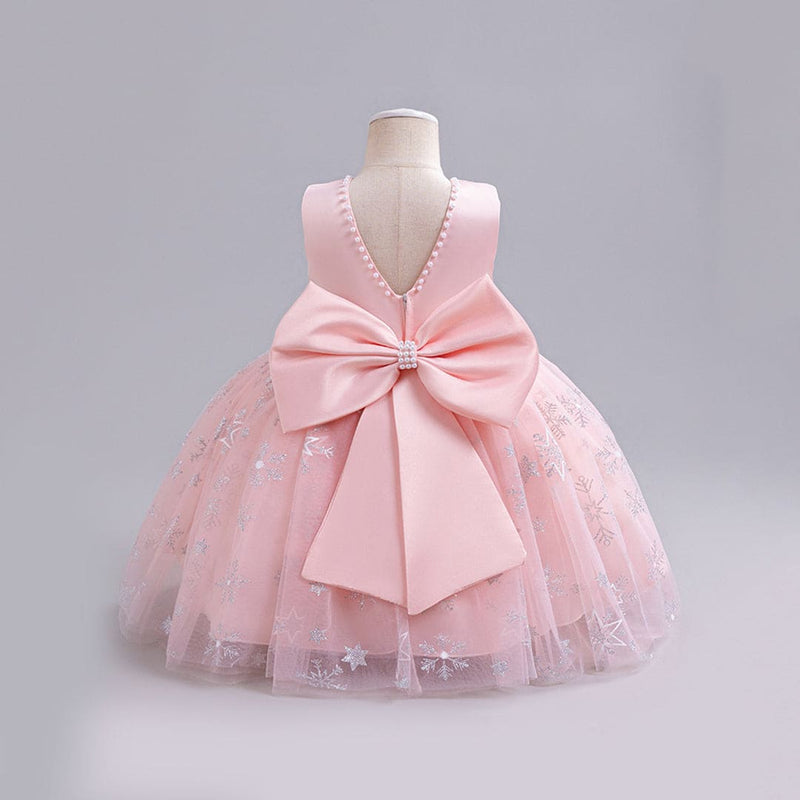 Girls Pink Pearl Neckline Tutu Partywear Dress With Back Bow Party Dresses   