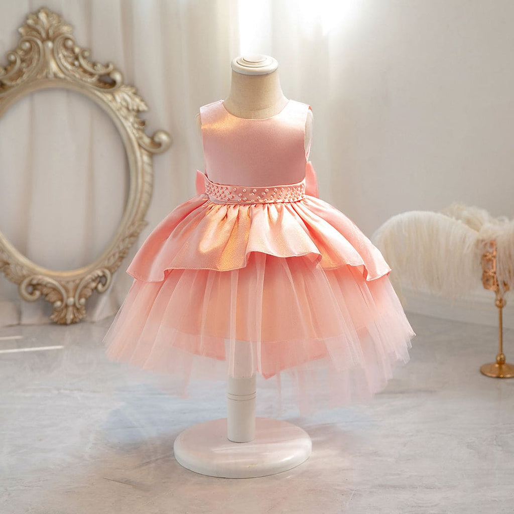 Girls Peach Fluffy High Low Princess Partywear Dress INCLUD