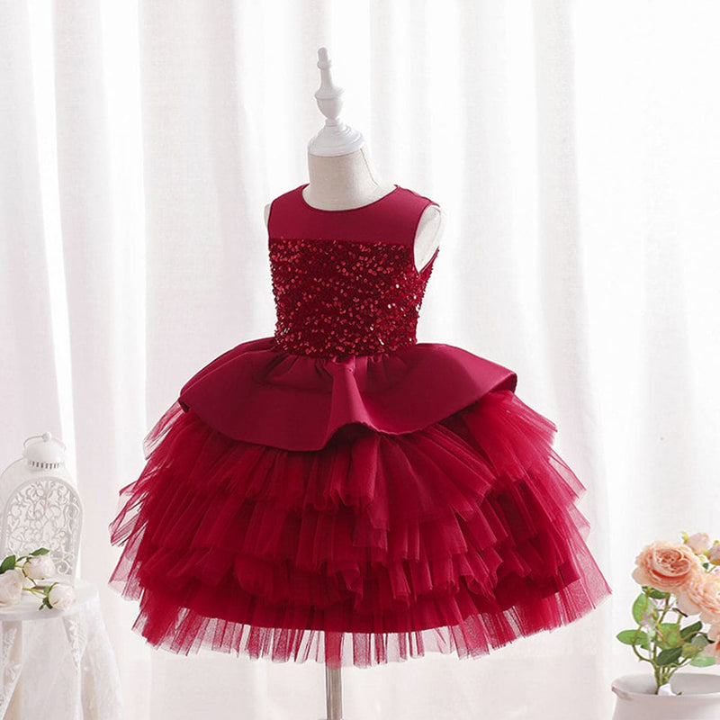Girls Red Tiered Flared Partywear Dress Party Dresses   