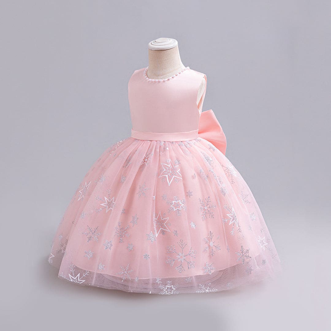 Girls Pink Pearl Neckline Tutu Partywear Dress With Back Bow Party Dresses   