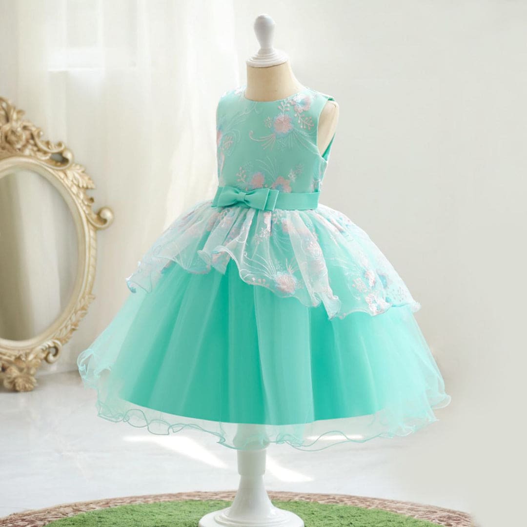 Girls Light Green Mesh Fluffy Princess Partywear Dress Party Dresses   