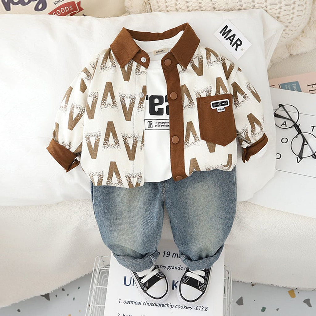 Boys Printed Brown Shirt With T-Shirt & Denim Jeans Set Sets Brown 1-2 Y 