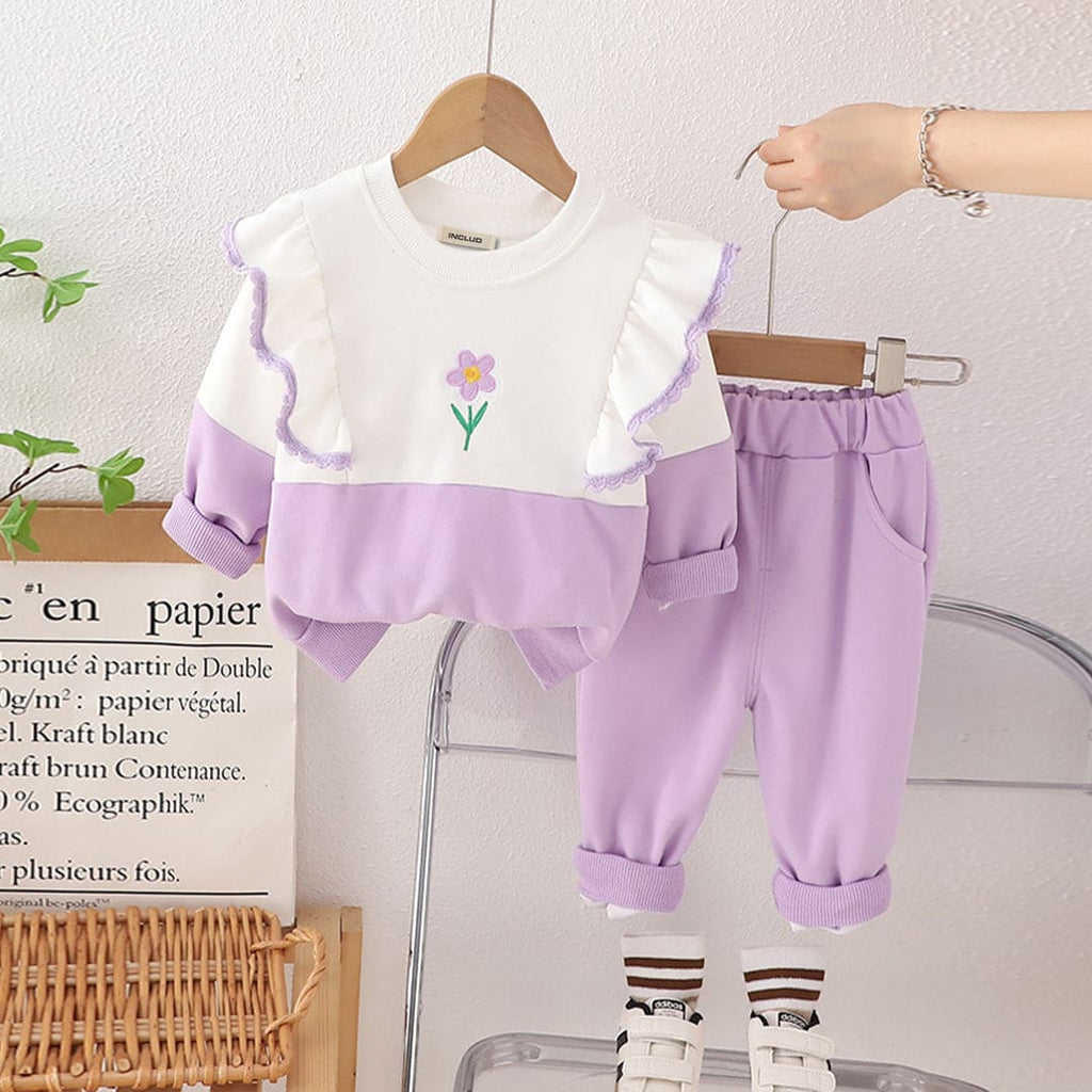 Girls Purple Long Sleeves Ruffle Sweatshirt With Trouser Set Sets Purple 1-2 Y 