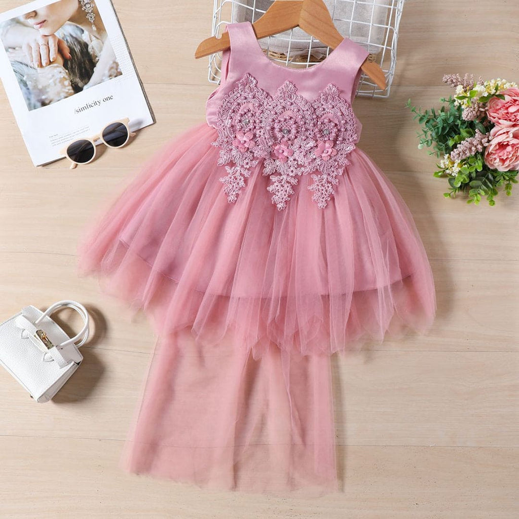 Girls Pink Embroidered Tulle Princess Partywear Dress Party Dresses Pink 1-2 Y 