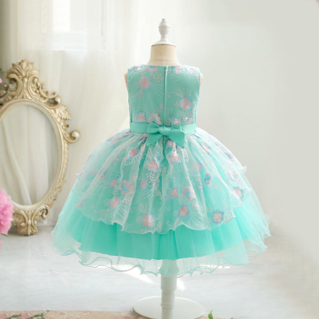 Girls Light Green Mesh Fluffy Princess Partywear Dress Party Dresses   