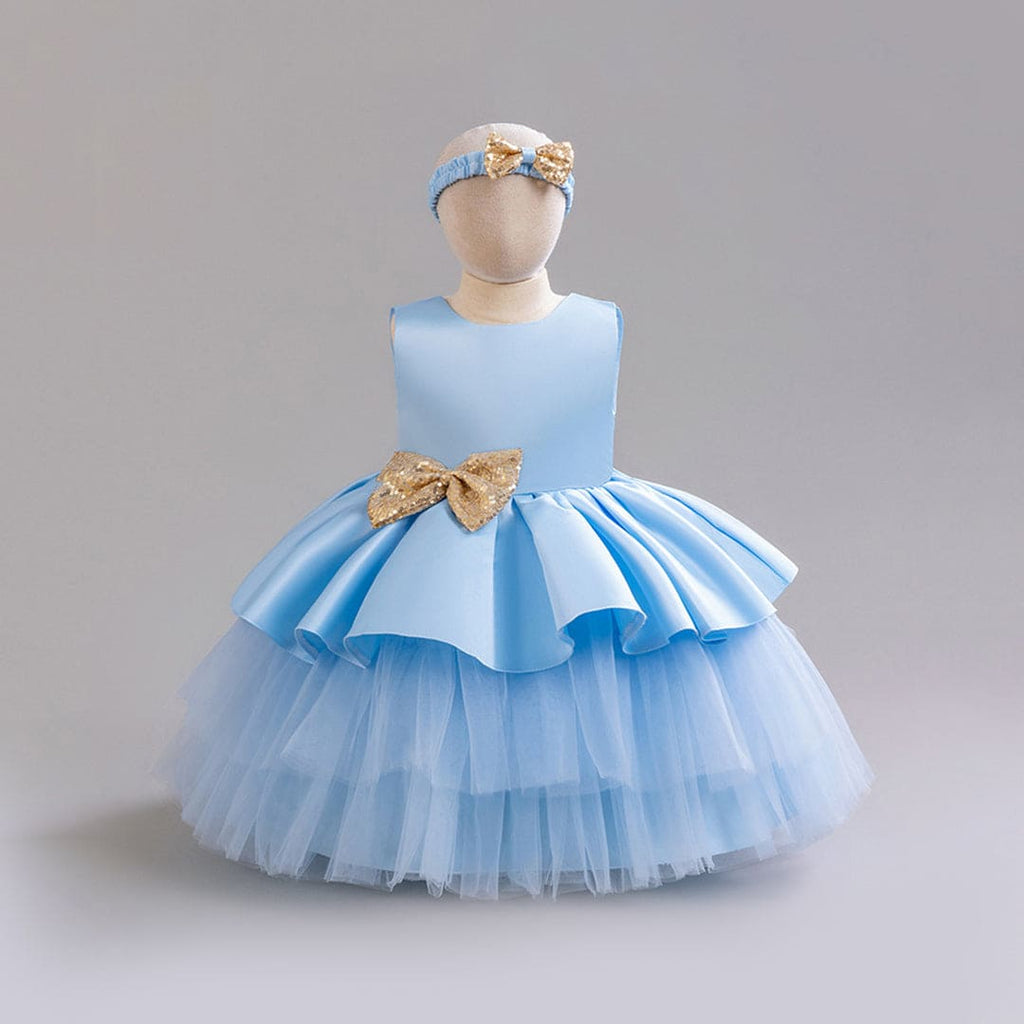 Girls Sky Blue Tulle Princess Partywear Dress With Glitter Bow Party Dresses Sky Blue 1-2 Y 