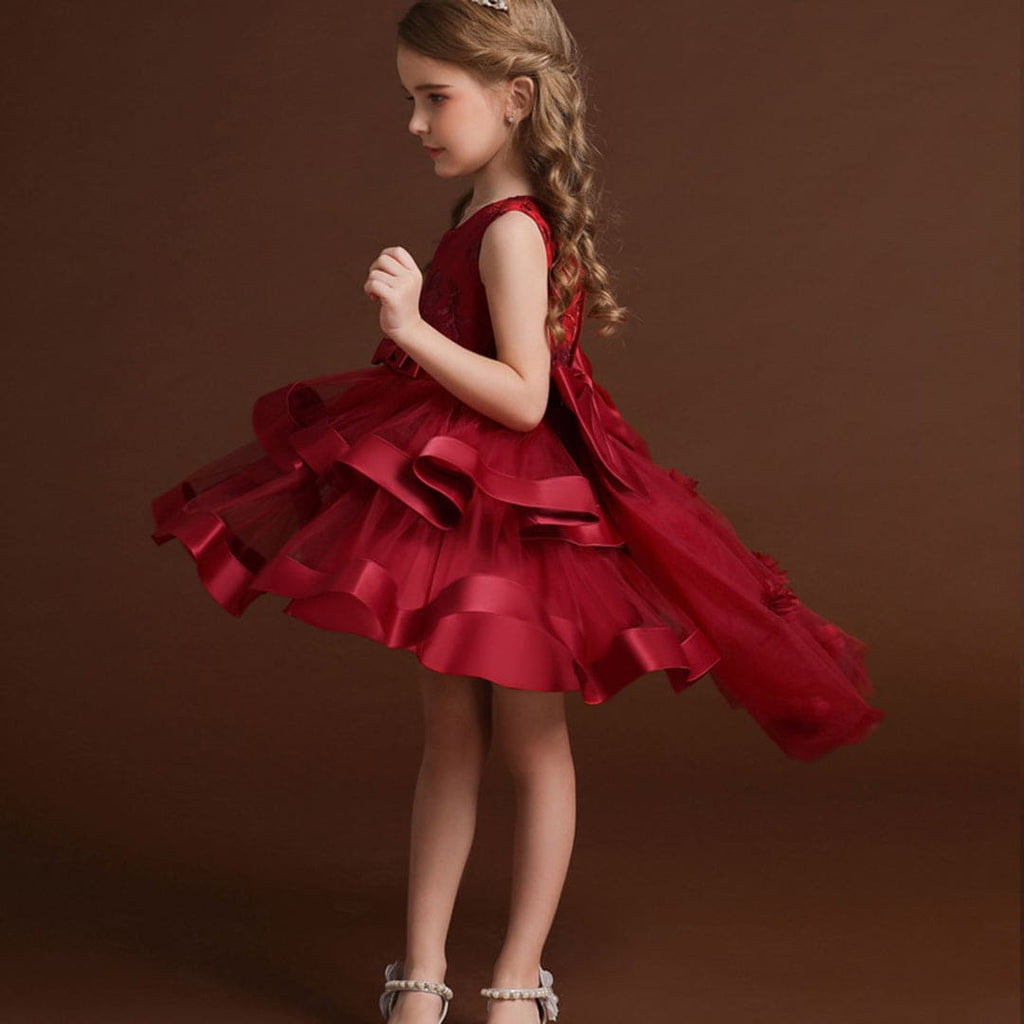 Girls Wine Red Princess Partywear Dress With Bow Party Dresses   