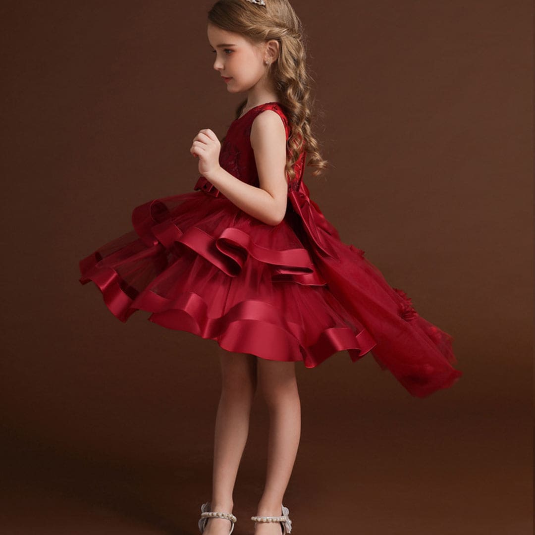 Girls Wine Red Princess Partywear Dress With Bow Party Dresses   