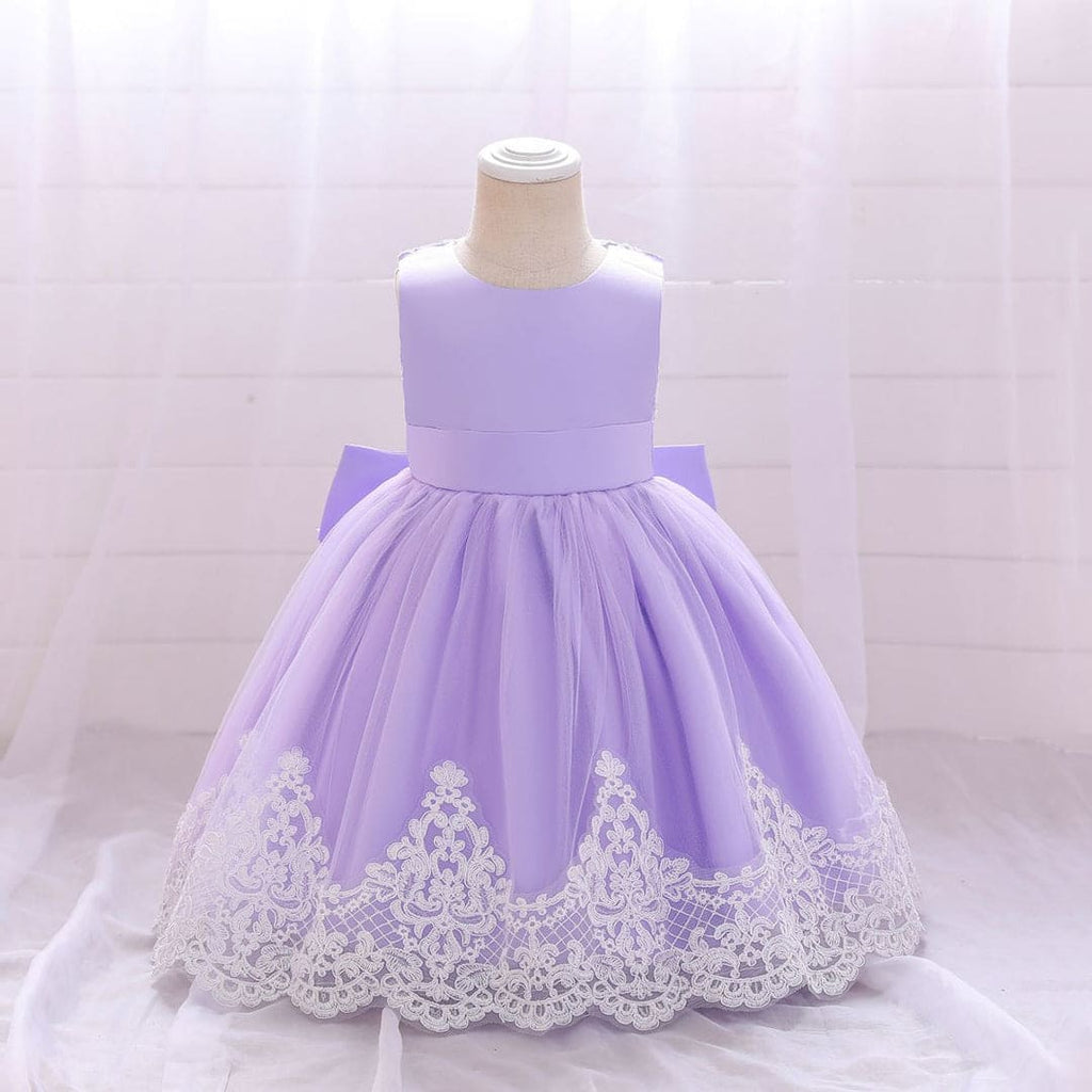 Girls Purple Lace Bordered Partywear Dress With Back Bow Party Dresses Purple 1-2 Y 