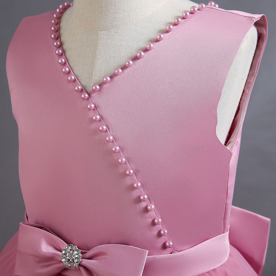Girls Pink Pearl Big Bow Puffy Partywear Dress Party Dresses   